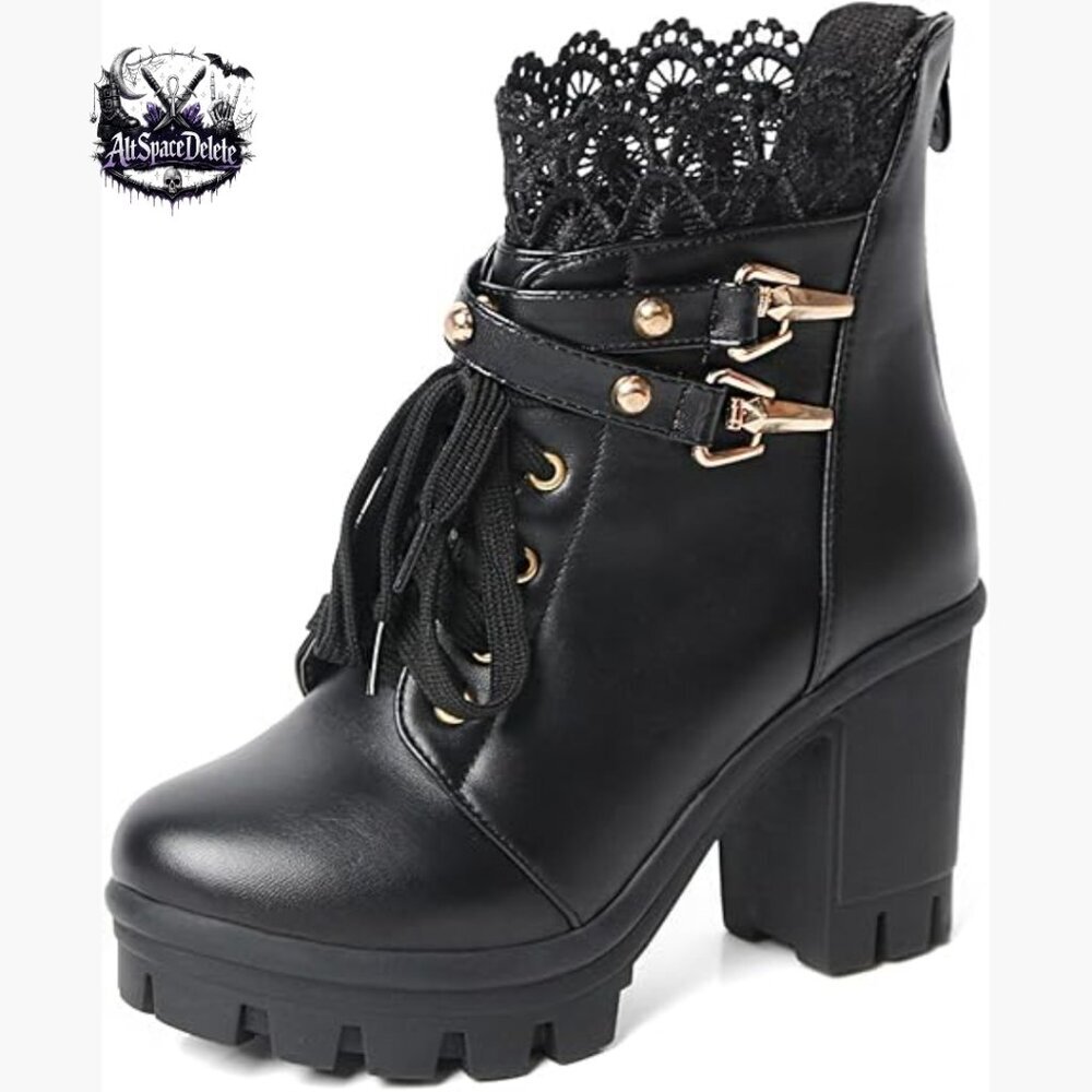 Platform Ankle Boots Chunky Heel Combat Boots Zipper Buckle Goth